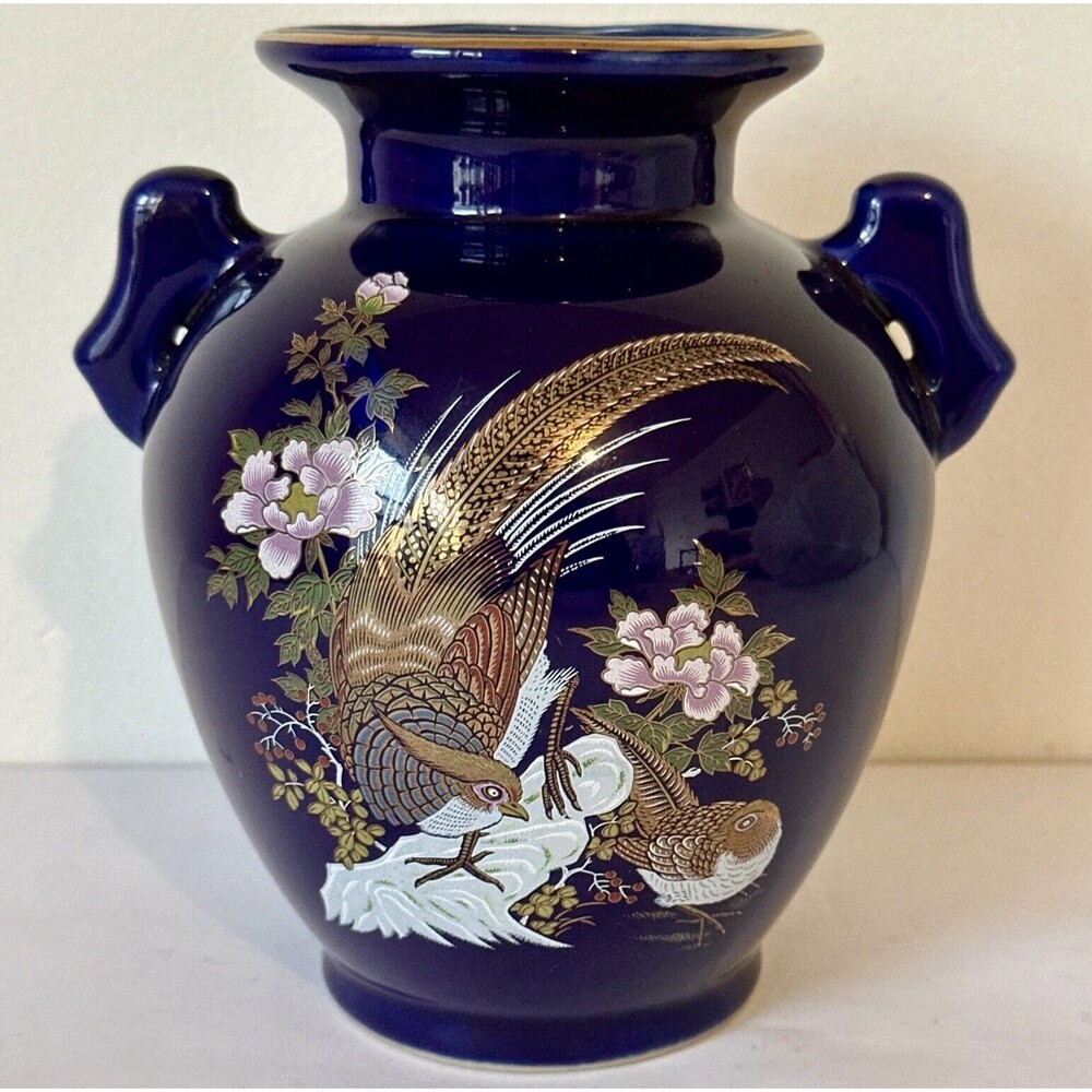 Vintage Japanese Pheasant‎ Cobalt Blue Vase Floral 6.75” Decor Collectible ￼